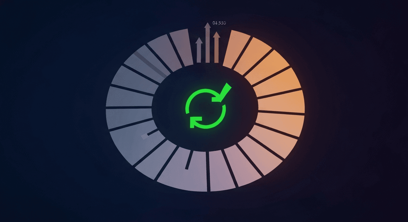 Circular calendar wheel with glowing quarterly segments showing content freshness review cycle