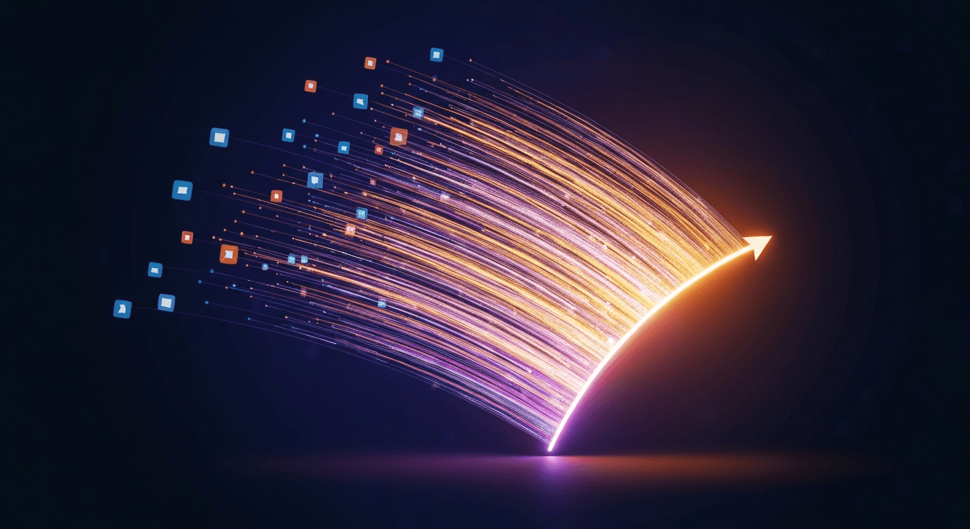 Glowing data streams shooting upward representing AI search traffic growing 165x faster than organic