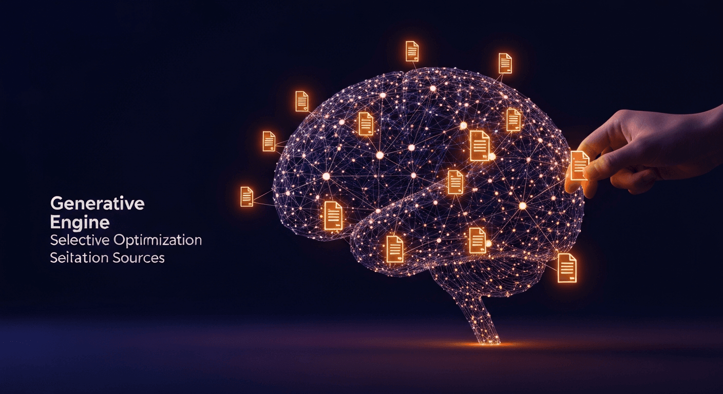 Abstract AI brain made of interconnected nodes selecting citation sources, representing GEO