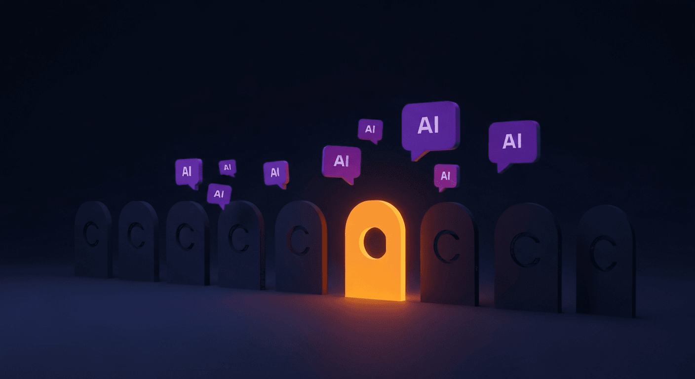 Single brand icon glowing orange above grey competitors, surrounded by AI chat bubbles