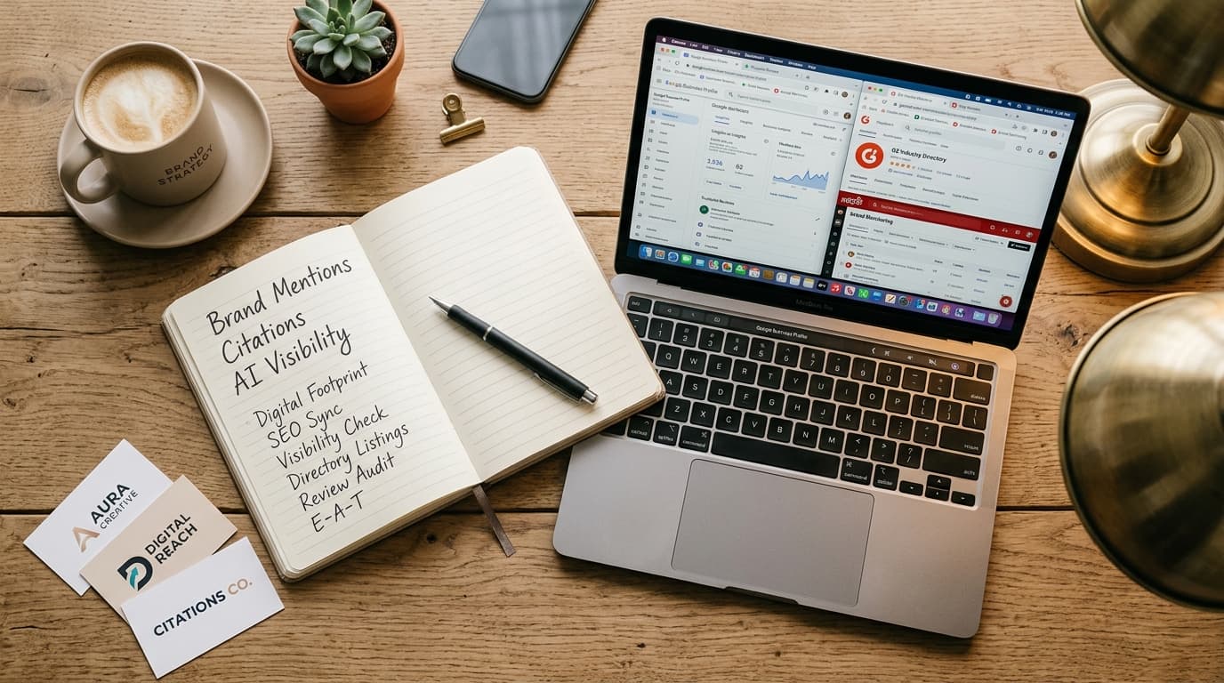Brand strategy workspace showing AI visibility tracking notes, analytics dashboards and citation monitoring