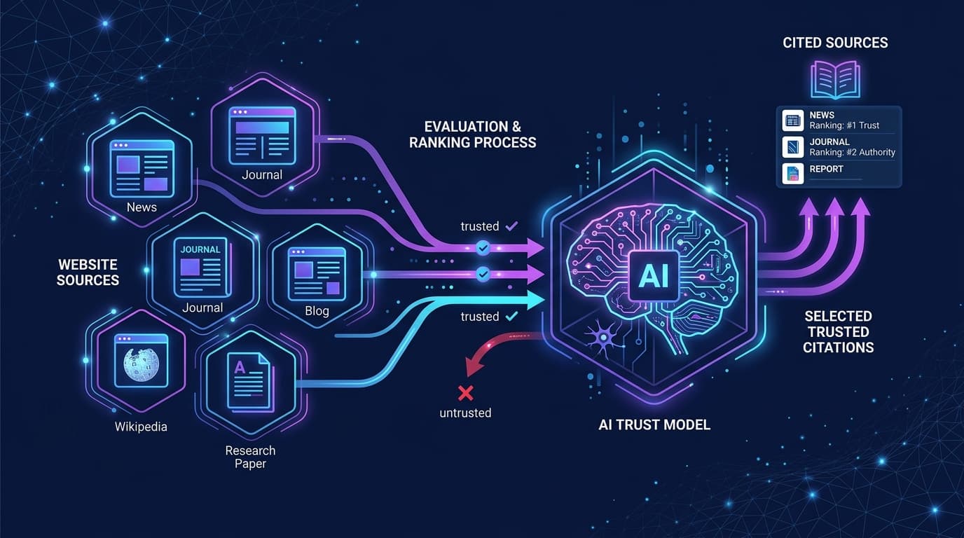 AI model evaluating and selecting citation sources from brand websites, listings, and reviews