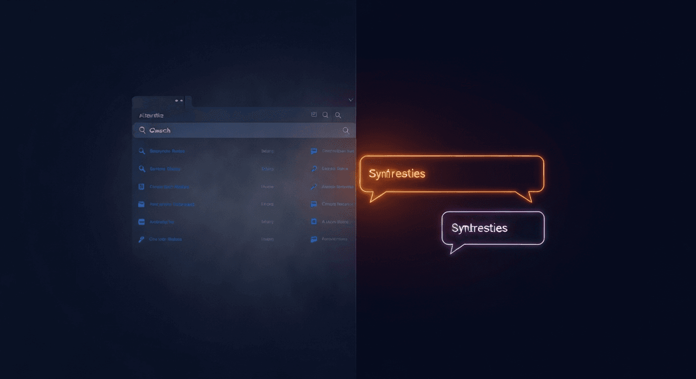 Split view showing fading blue link results on left and glowing AI answer interface on right