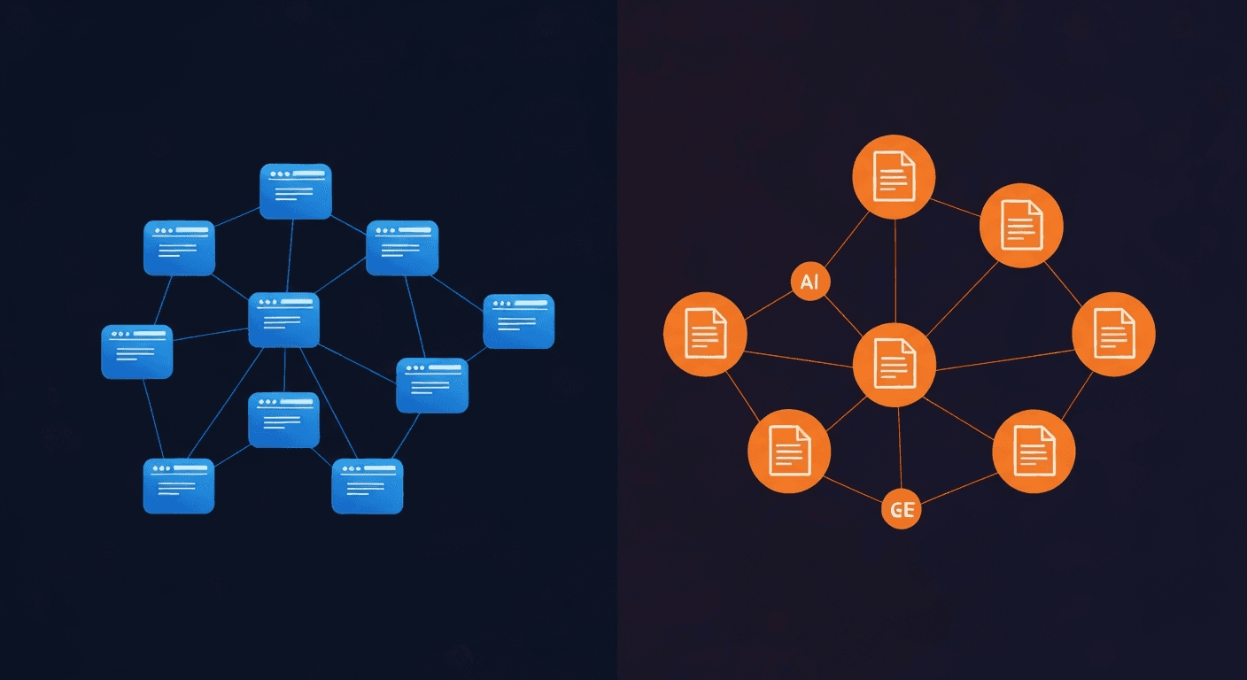 Two contrasting networks showing SEO hyperlink web in blue vs GEO citation nodes in orange