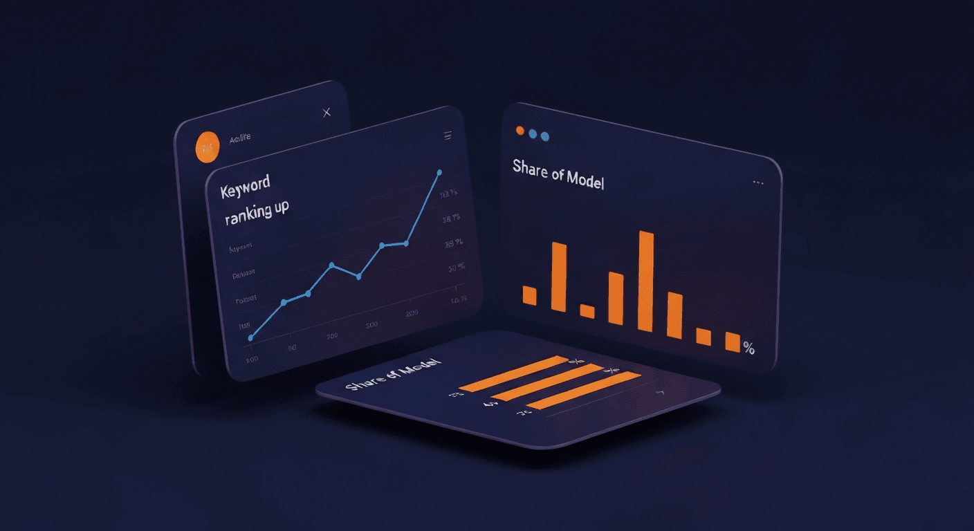 Floating analytics dashboard comparing SEO keyword rankings and GEO Share of Model metrics