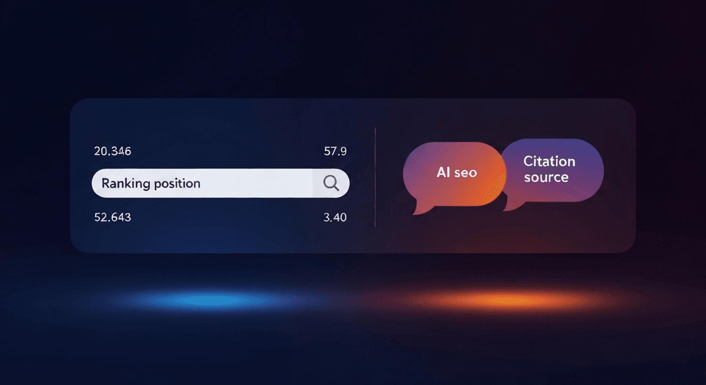 Side-by-side panel showing Google search bar with rankings vs AI chat bubble with citations