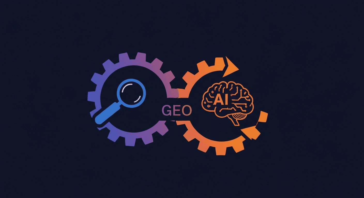 Two equal-sized interlocking gears representing SEO and GEO working together in sync