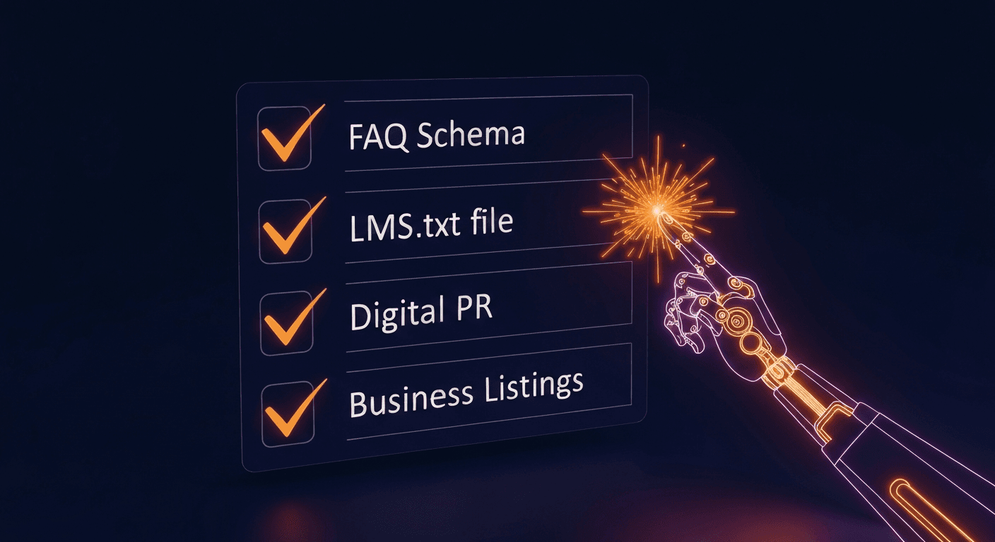 Floating checklist with four GEO brand visibility actions being ticked off with orange bursts