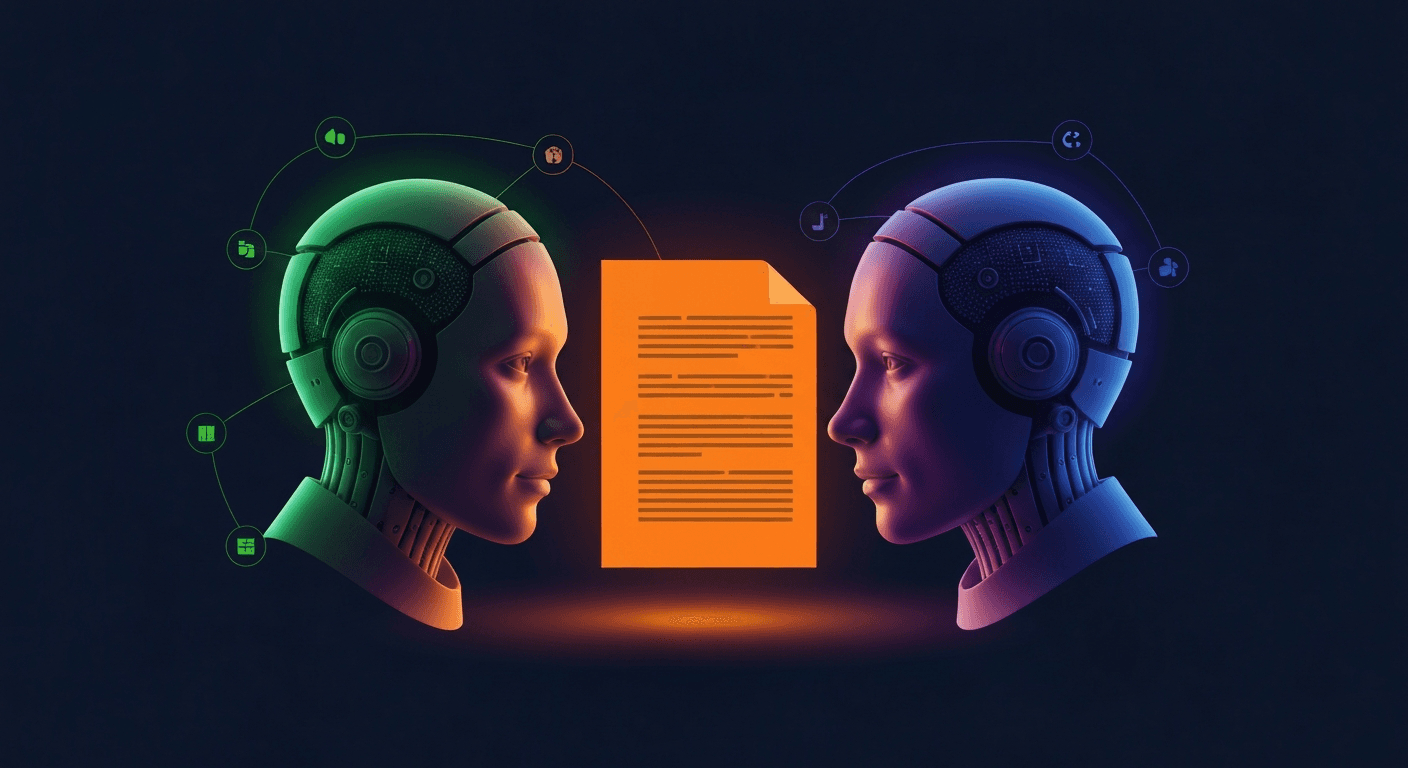 Two AI robot faces representing ChatGPT with Bing index and Gemini with Google index scanning the same document