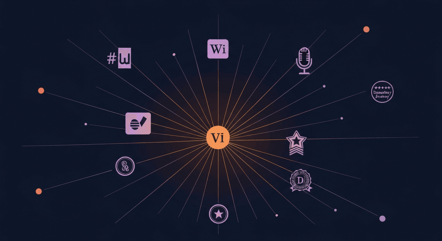 Brand icon with rays shooting to news publications, Wikipedia, and industry directories as co-citation signals