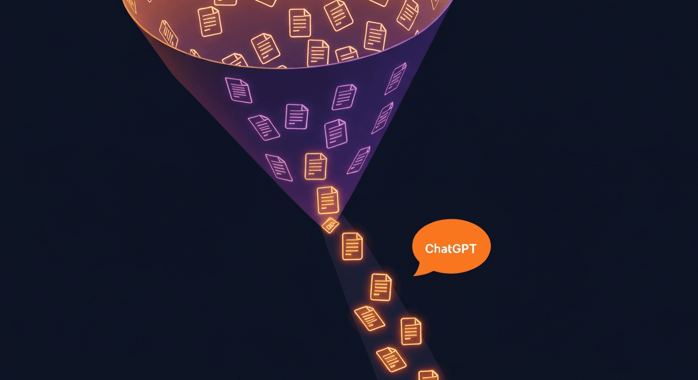 Funnel showing many pages entering and only 15% glowing citation icons emerging, with a ChatGPT bubble selecting winners